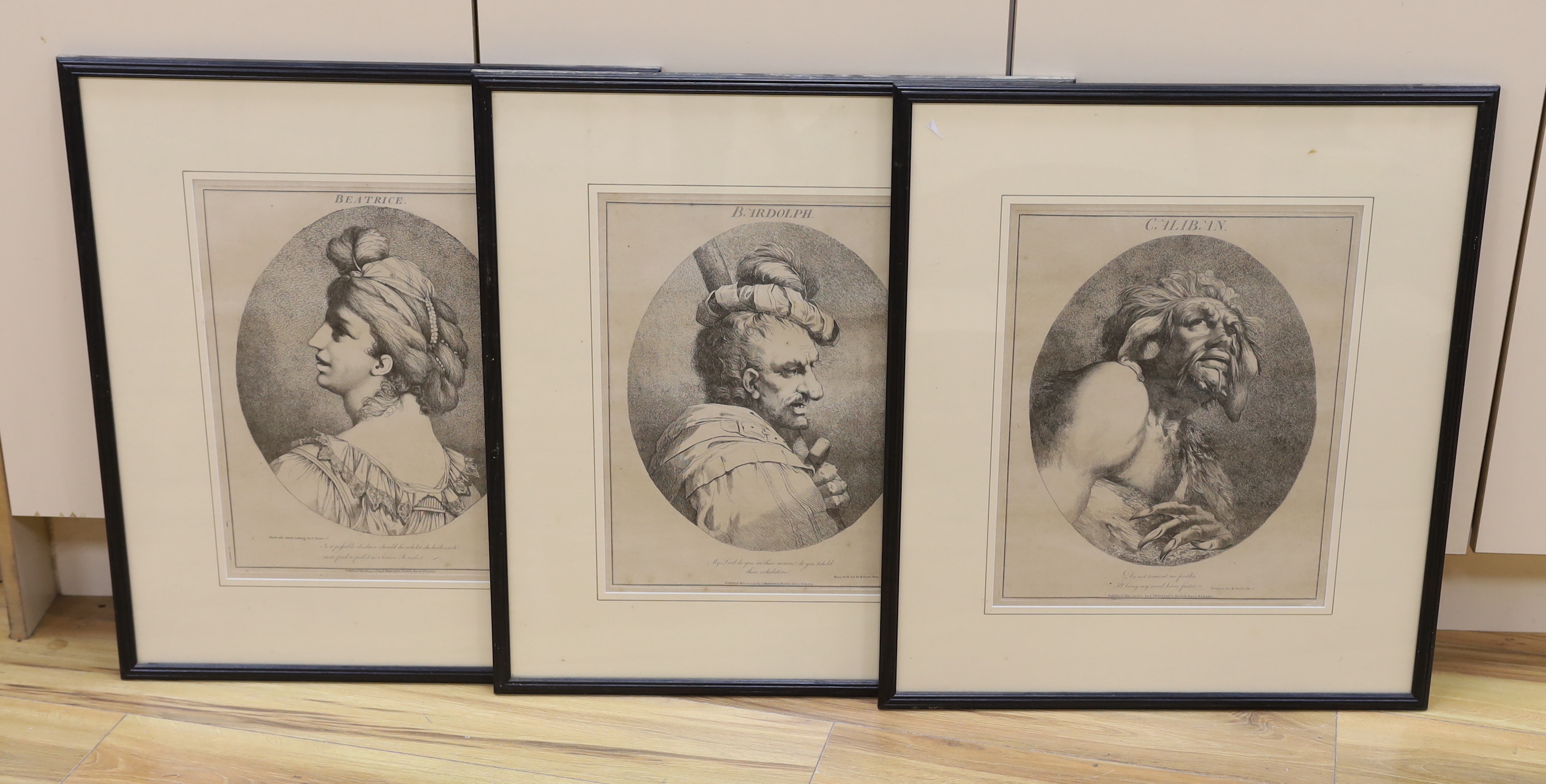 After John Hamilton Mortimer (1740-1779), set of three etchings, Twelve characters from Shakespeare comprising Caliban, Bardolph and Beatrice, publ. 1770’s by J. Mortimer, Norfolk Street, Strand, each 41 x 33cm